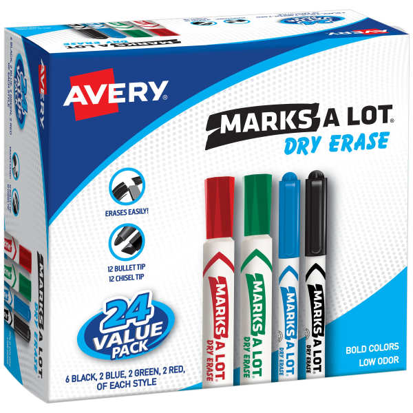 Avery(R) Marks A Lot Dry Erase Markers, Desk/Pen-Style, 24 Assorted